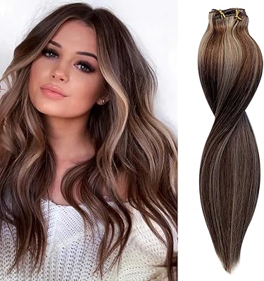 Extensions de cheveux naturels remy à clips marron, double trame, mèches blondes fraise