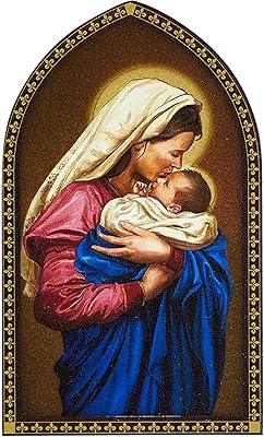 Plaque en bois arquée de la vierge adorante et de l'enfant, décoration d'intérieur