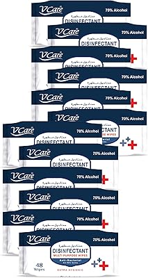 Lingettes désinfectantes antibactériennes multi-usages vcare - 48 lingettes | tue 99,9% des germes