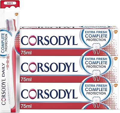 Dentifrice et brosse à dents corsodyl gum care, ensemble système (1 x brosse à dents souple total protection, 3 x dentifrice total protection, 75 ml). Achetez malin avec Diaytar Sénégal, votre partenaire shopping 100% digital
