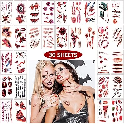 30 feuilles d'autocollants de tatouage temporaire d'halloween, fausses blessures de sang réalistes, autocollants de visage d'horreur de gale pour accessoires de caserne, costumes de cosplay, mascarade de zombie, fournitures de fête, décoration. L'expérience e-commerce réinventée par Diaytar au Sénégal