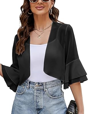 Cardigan boléro court pour femme à manches 3/4 ouvert sur le devant