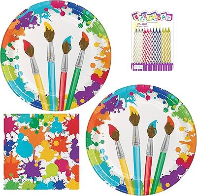 Assiettes et serviettes de fête d'anniversaire artistiques de 16 pièces avec bougies d'anniversaire