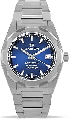 Montre homme la fougereux, bracelet acier inoxydable argenté, cadran bleu, affichage analogique automatique