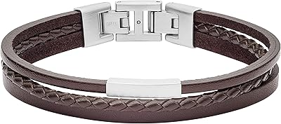Bracelet multi-rangs en acier et cuir argenté pour homme