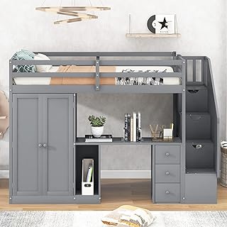 Lit mezzanine double avec escaliers et armoire lit en bois avec bureau tiroirs