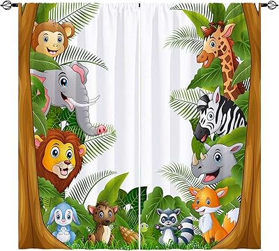 Yuanzu rideaux pour enfants avec passe-tringle pour garçons et filles, girafe, lion, éléphant, singe, zèbre, rhinocéros, jungle, zoo, motif imprimé, rideaux de fenêtre pour chambre d'enfant, chambre de bébé, salle de jeux, 42 x 84 pouces, 2 panneaux. Votre shopping simplifié de A à Z avec Diaytar