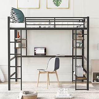 Lit mezzanine pleine grandeur en métal avec bureau long et étagères de lch