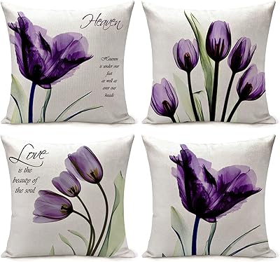 Ensemble de housses de coussin décoratives 4 pièces, motif de fleurs violettes