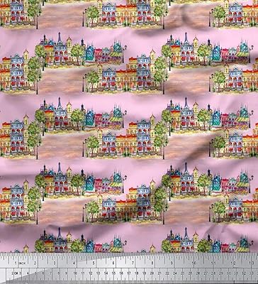 Tissu crêpe poly rose soimoi paysage et ville tissu imprimé numérique 1 mètre