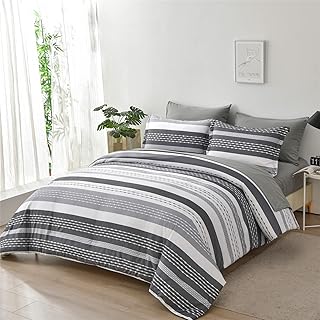 Kakigen parure de lit rayée 7 pièces pour queen size couette et draps