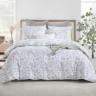 Cozydh housse de couette queen size - ensemble de housse de couette 100 % coton, 400 fils au pouce carré, ensemble de literie d'été léger gris feuilles florales botaniques 3 pièces avec fermeture à glissière 8 attaches (90\. Des économies substantielles vous attendent sur Diaytar