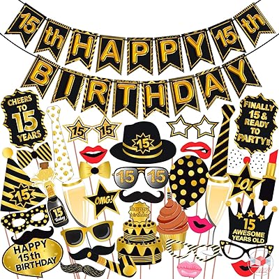 Accessoires de fête 15e anniversaire noir et or avec bannière wopbox