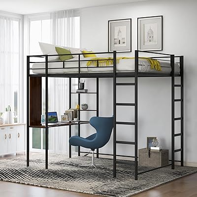Lit mezzanine pleine grandeur en métal avec deux étagères et bureau pour chambre