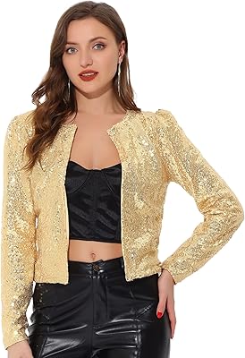 Veste femme courte ouverte devant à manches longues bouffantes avec sequins brillants