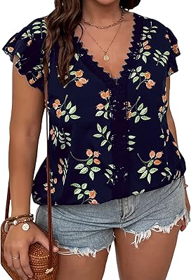 Chemisier en dentelle imprimé floral grande taille pour femme, col en v, manches