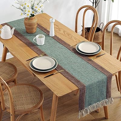 Chemin de table rustique en coton et lin avec franges bohème