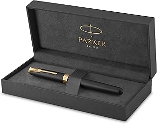 Stylo plume parker sonet, finition noir mat avec bordure dorée, pointe moyenne, boîte