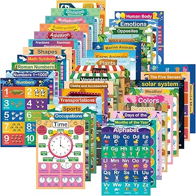 35 affiches éducatives pour enfants d'âge préscolaire et tout-petits, 11,7 x 16,5 pouces