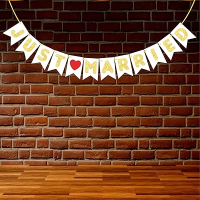 Bannière woobox "just married" à paillettes blanches et dorées article de de ́coration