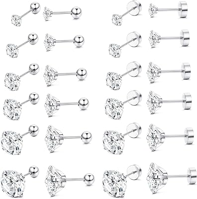 6 paires de boucles d'oreilles à tige en acier inoxydable 18 g