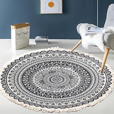 Tapis rond rétro en coton et lin pour chambre à coucher, salon, chevet
