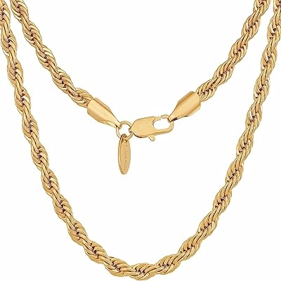 Chaîne en corde plaquée or véritable 24 carats de 5 mm pour hommes