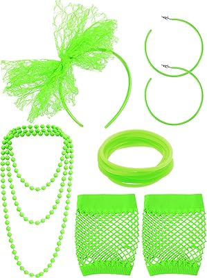 Bandeau fantaisie en dentelle des années 80, boucles d'oreilles, gants, collier et bracelet costume de fête des années 80 (vert fluo). Achetez malin avec Diaytar Sénégal, votre partenaire shopping 100% digital