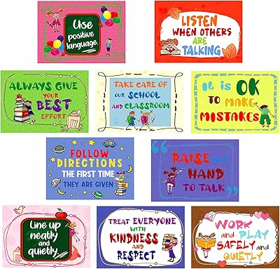 10 affiches murales plastifiées de règles de classe pour enfants d'âge préscolaire