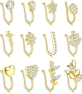9pcs faux anneaux de nez en acier inoxydable avec clip sur la lèvre