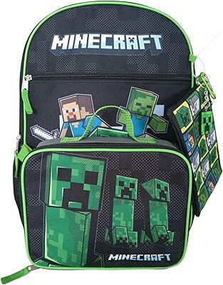 Ensemble de 5 sacs à dos et cartable minecraft creepers sous licence, vert