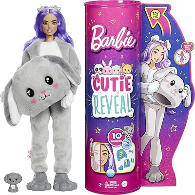 Poupée barbie cutie reveal avec tenue de chiot en peluche et 10
