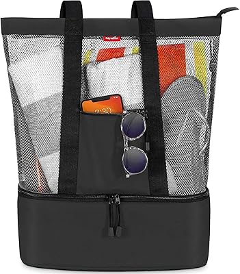 Grand sac fourre-tout de plage en maille, sac de plage multifonctionnel avec fermeture éclair sur le dessus et sac isotherme pour pique-nique, voyage, natation, camping (noir). Diaytar : Des prix mini pour un service maxi