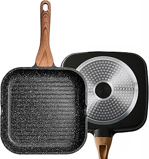 Poêle grill antiadhésive avec bec verseur compatible induction, revêtement granit 10" (25 cm)