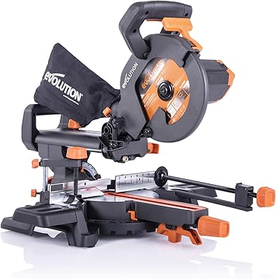 Scie à onglets coulissante evolution power tools r210sms+ avec coupe multi-matériaux, 45°, biseau
