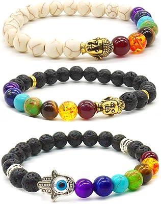 3pcs 8mm bracelet en pierre de lave crâne de bouddha main de hamsa