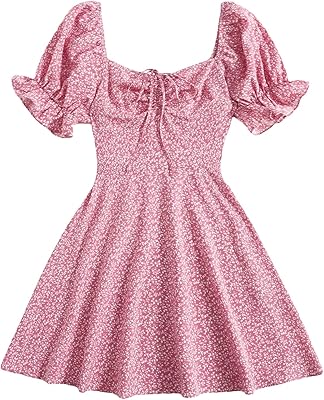 Robe courte trapèze brodée à manches bouffantes et cordon de serrage shein