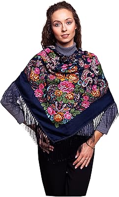 Écharpe élégante de style folklorique russe (110 cm x 110 cm)