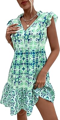 Robes pour femmes avec manches papillon, col taille haute, ourlet volanté et imprimé