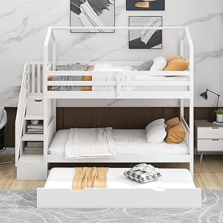 Lit superposé double avec échelles de rangement, lit superposé avec armoire en bois