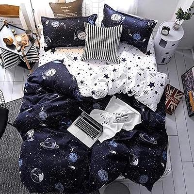 Twin full size tissu en coton motif spatial bleu ensembles de couvre-lit