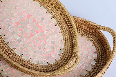 Plateaux de service ovales en rotin et nacre, lot de 2 (grands et moyens) plateaux de service orange pour les fêtes, le petit-déjeuner, les boissons et les collations pour la table basse et la maison. Diaytar : Qualité professionnelle, prix grand public