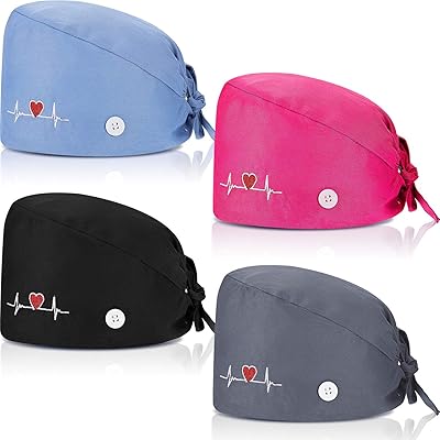 4pcs chapeaux de travail boutonnés chapeau de travail bouffant unisexe avec bandeau réglable