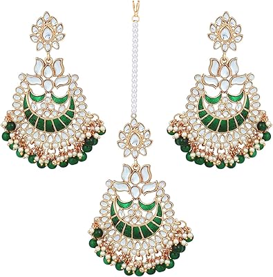 Aheli indien ethnique fausses perles kundan émail rouge mang tikka ensemble boucles d'oreilles