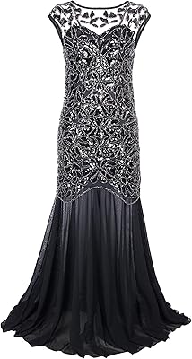 Robe de soirée longue pour femme des années 1920 ornée de paillettes noires