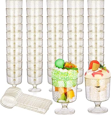 50pcs 6oz gobelets à dessert avec 50 cuillères jetables en plastique paillettes dorées