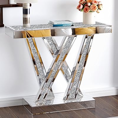 Table console moderne au fini miroir bling world, table d'entrée argentée avec cristaux