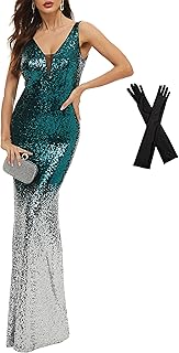 Robe de soirée longue à sequins et col en v gatsby années 1920
