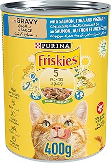 Nourriture humide pour chats purina, friskies en sauce au saumon, thon et légumes