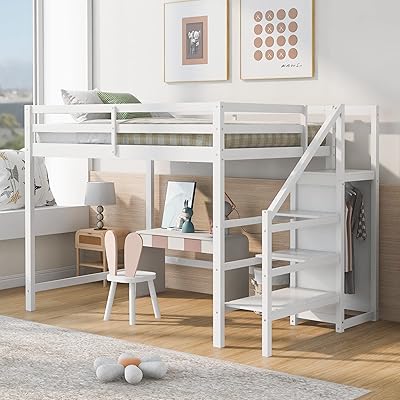 Lit mezzanine double mirax avec armoire intégrée et tiroir de rangement, aucun sommier